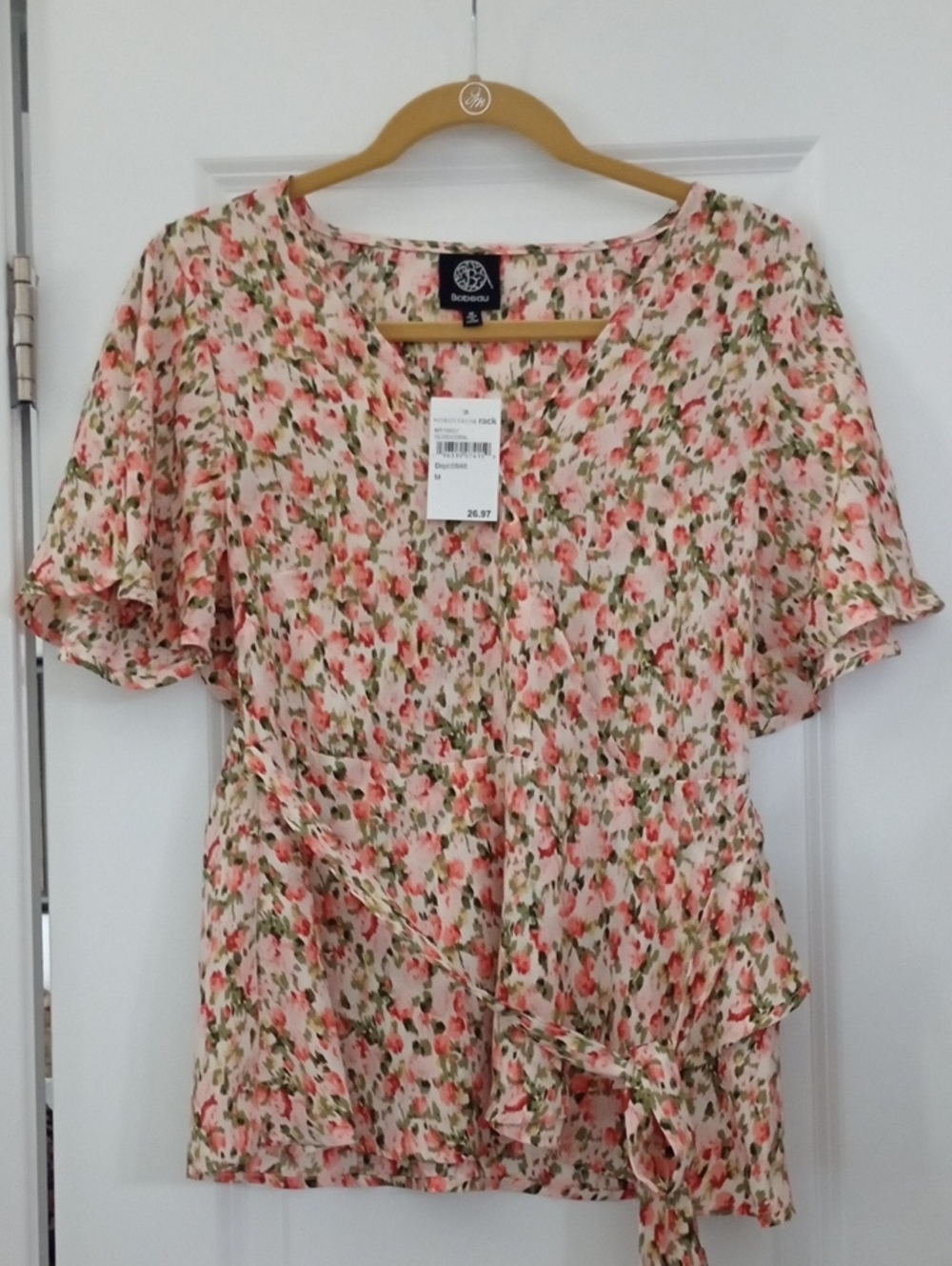 NWT Bobeau Pink Floral Wrap Peplum Blouse